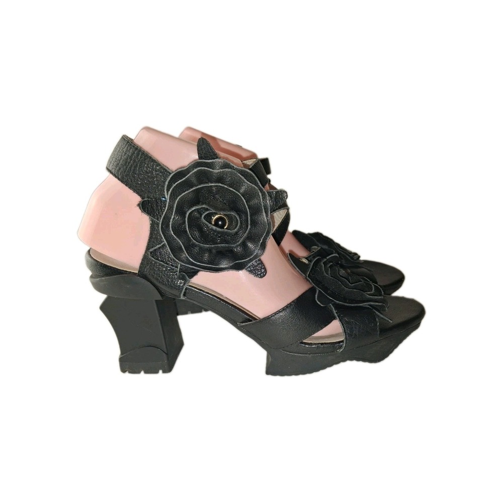 L'Artiste Spring Step Shelly Black Leather Floral Platform Sandal Heels 42